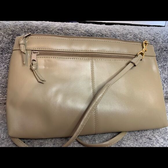 Vintage Taupe Leather Handbag Beige Convertible Clutch - Picture 2 of 8